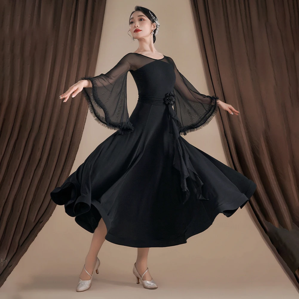 Elegant Waltz Women's Dance Wear Three-Dimensional Flower Ballroom Dance Training Wear Long Sleeve Pink Black Fashion New Dress view 5
