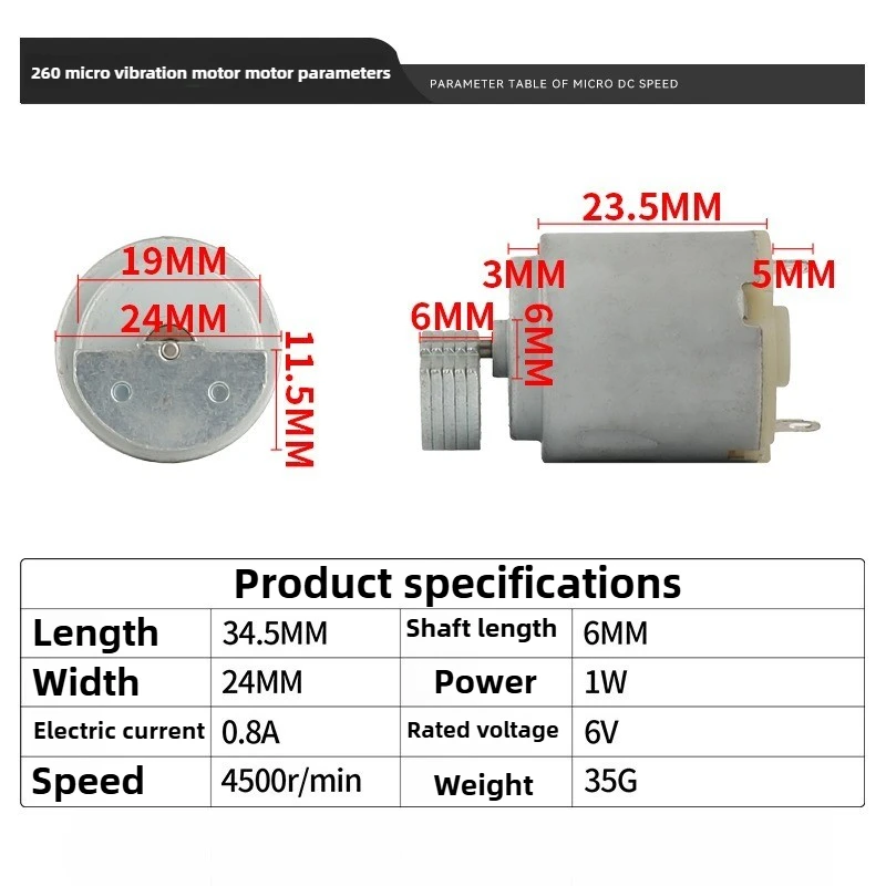 Eccentric Vibration Massage Motor DC 6V 260 Type 1W High Power, 4500RPM with 6MM Semi-Circular Weighted Head for Massager DIY