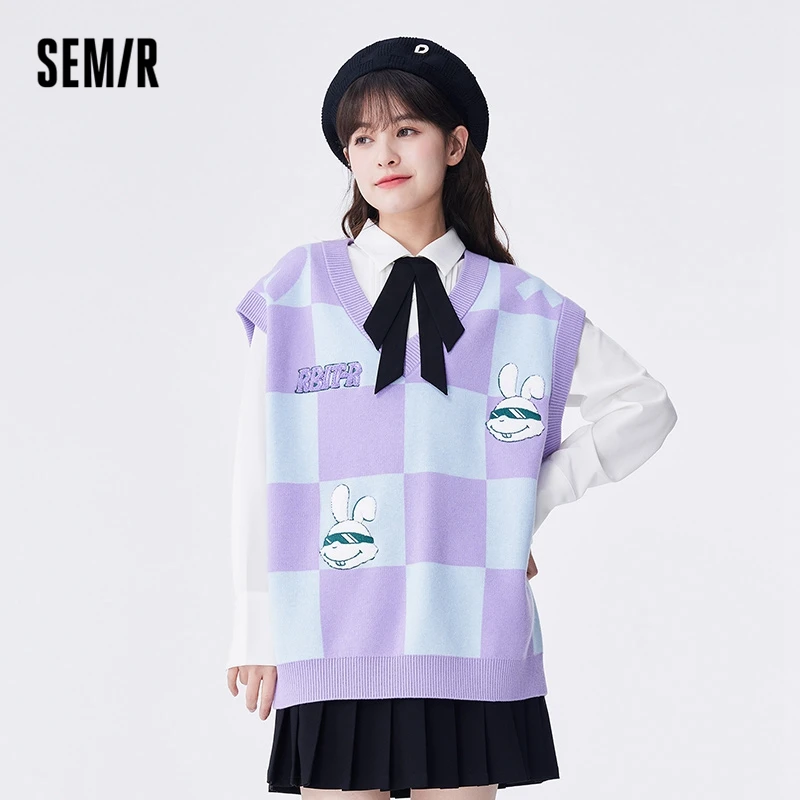 Semir Women Vest Autumn New Mid-length Checkerboard Rabbit Embroidery Sweater Sweet Loose V-neck Vest for Women