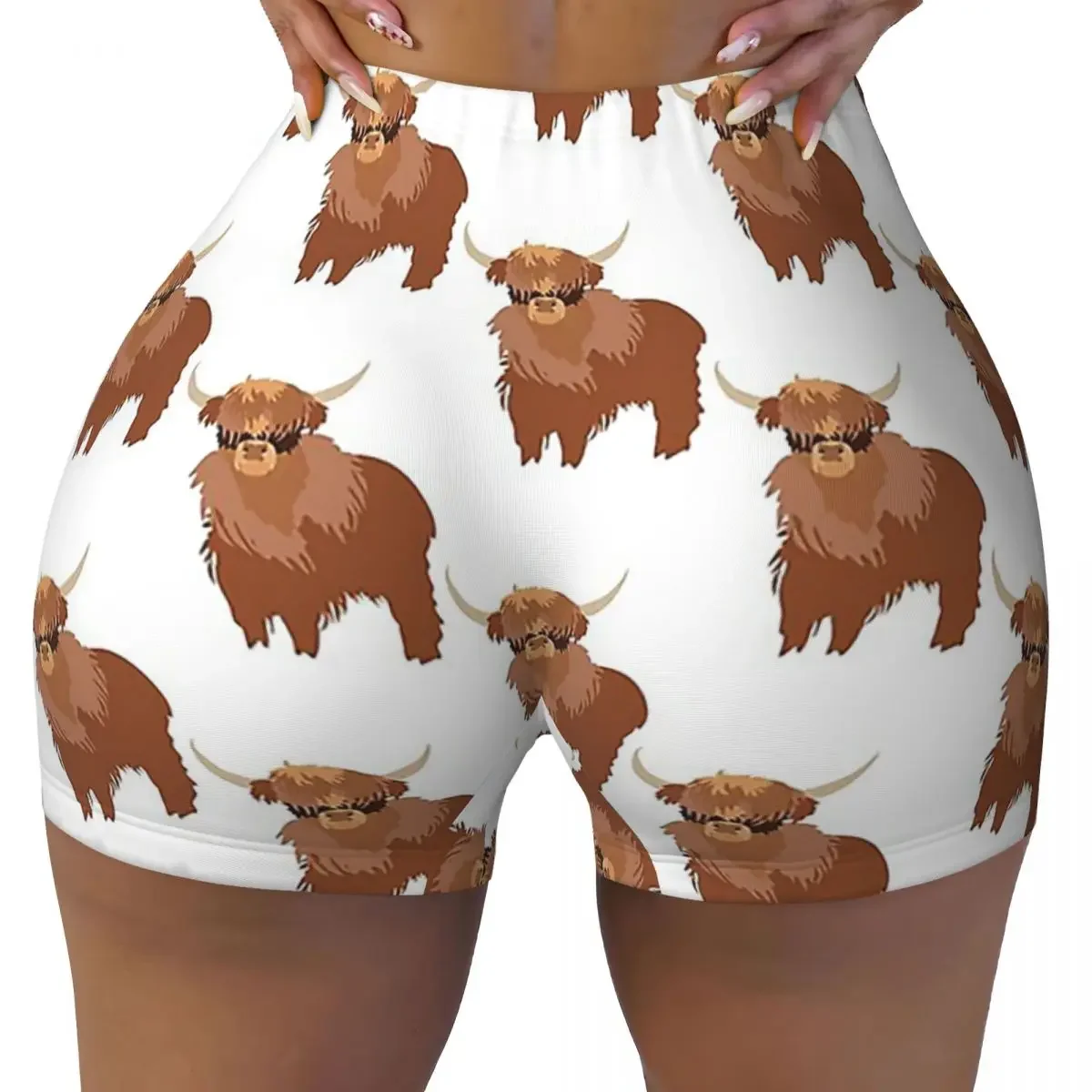 Custom Fluffy Highland Cow Women Gym Workout Running Shorts Athletic Volleyball Biker Yoga Shorts