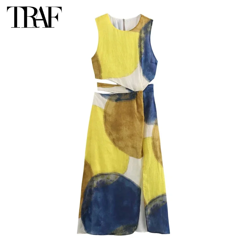 TRAF Print Sleeveless Midi Dresses Women Summer 2024 Cut Out Long Dress Woman Slit Elegant Party Dresses Pleated Beach Dress