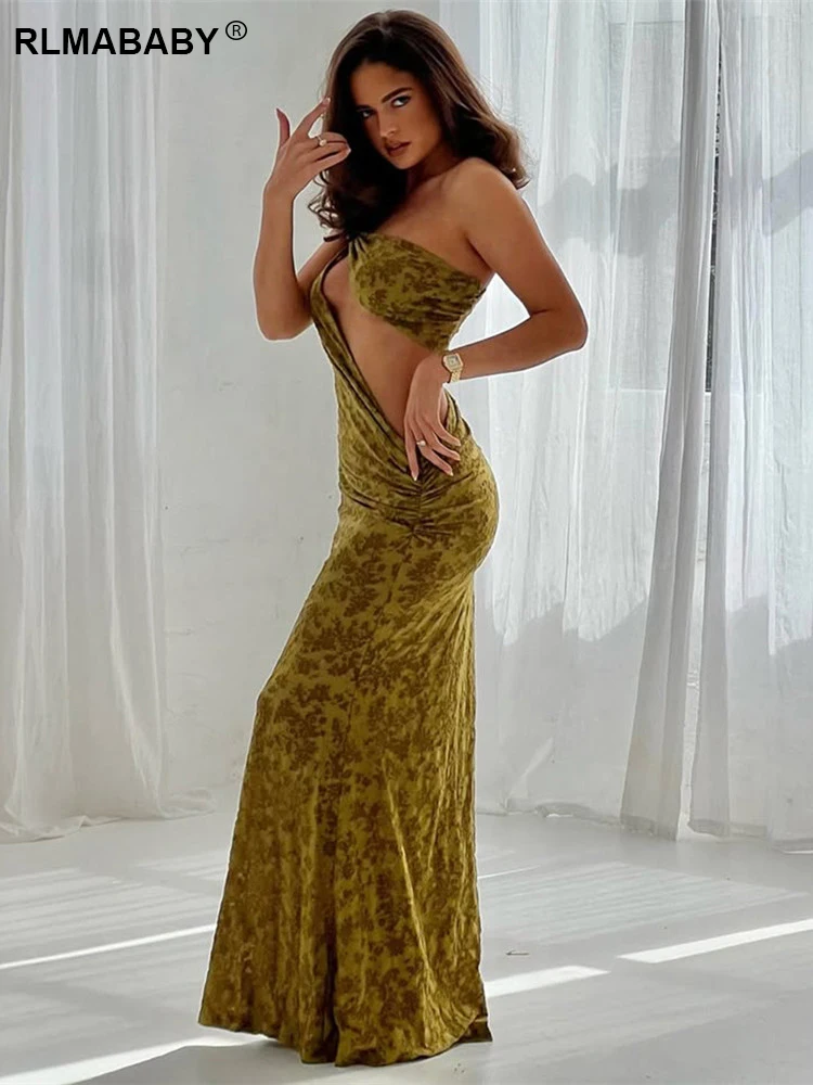 RLMABABY Um Ombro Assimétrico Jacquard Bodycon Maxi Vestido Mulheres Backless Cintura Cortar Elegante Praia Verde Sexy Vestido Longo