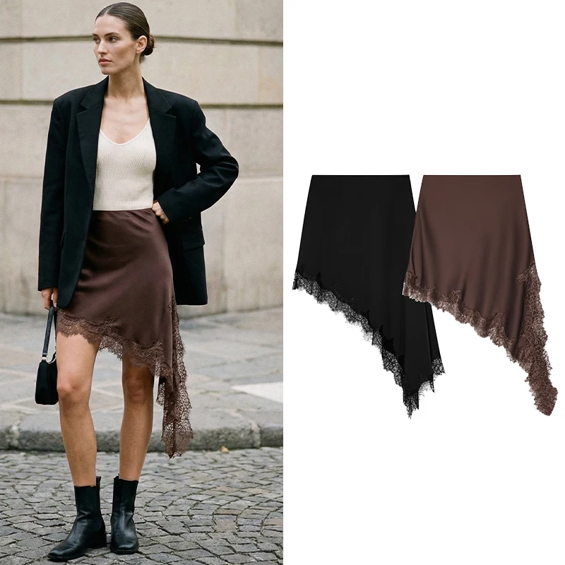 

SMVP женская новая модная однотонная асимметричная мини-юбка с кружевным подолом, винтажная женская юбка с высокой эластичной талией, шикарные женские юбки на лето