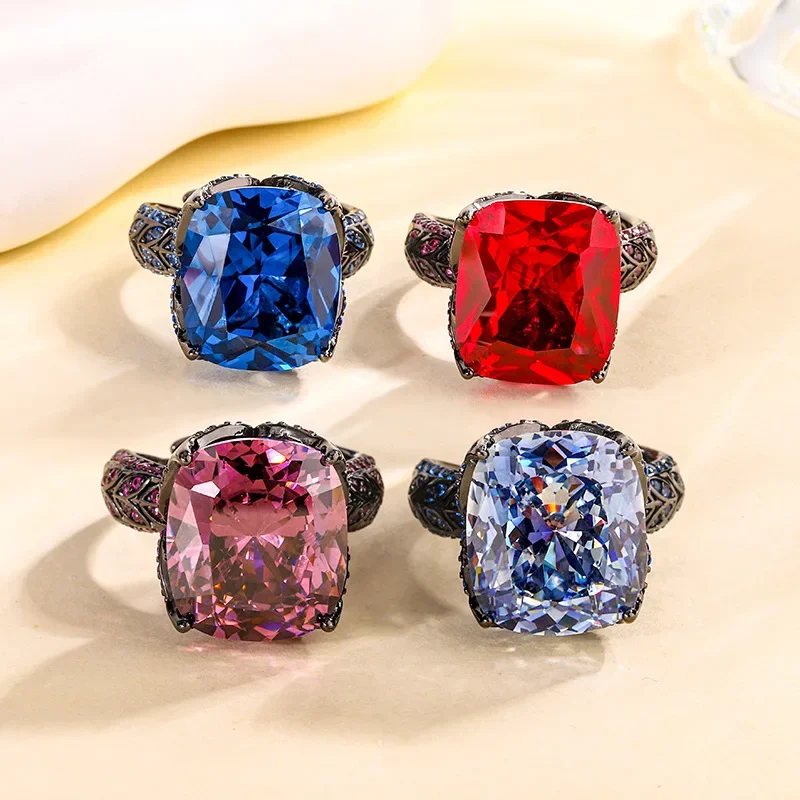 2024 Jewelry S925 Silver Plated 18K Gold Retro Corundum Black Gold Light Luxury Ring Women's 14 * 16 Ring Ring