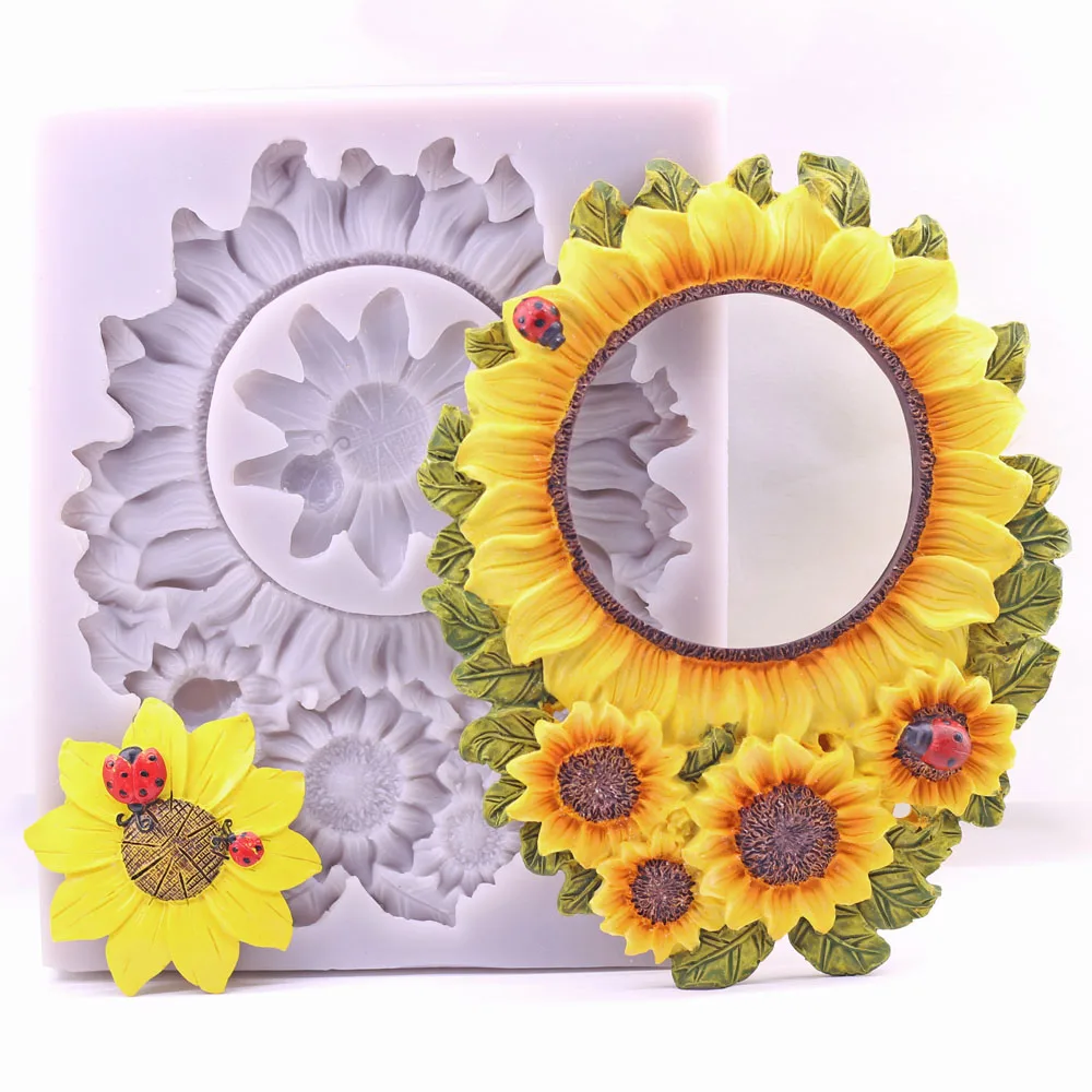 Sunflower Art Frame Silicone Mold Floral ladybird Flowers Leaves Frame Chocolate Fondant Tools DIY Clay Resin Mould