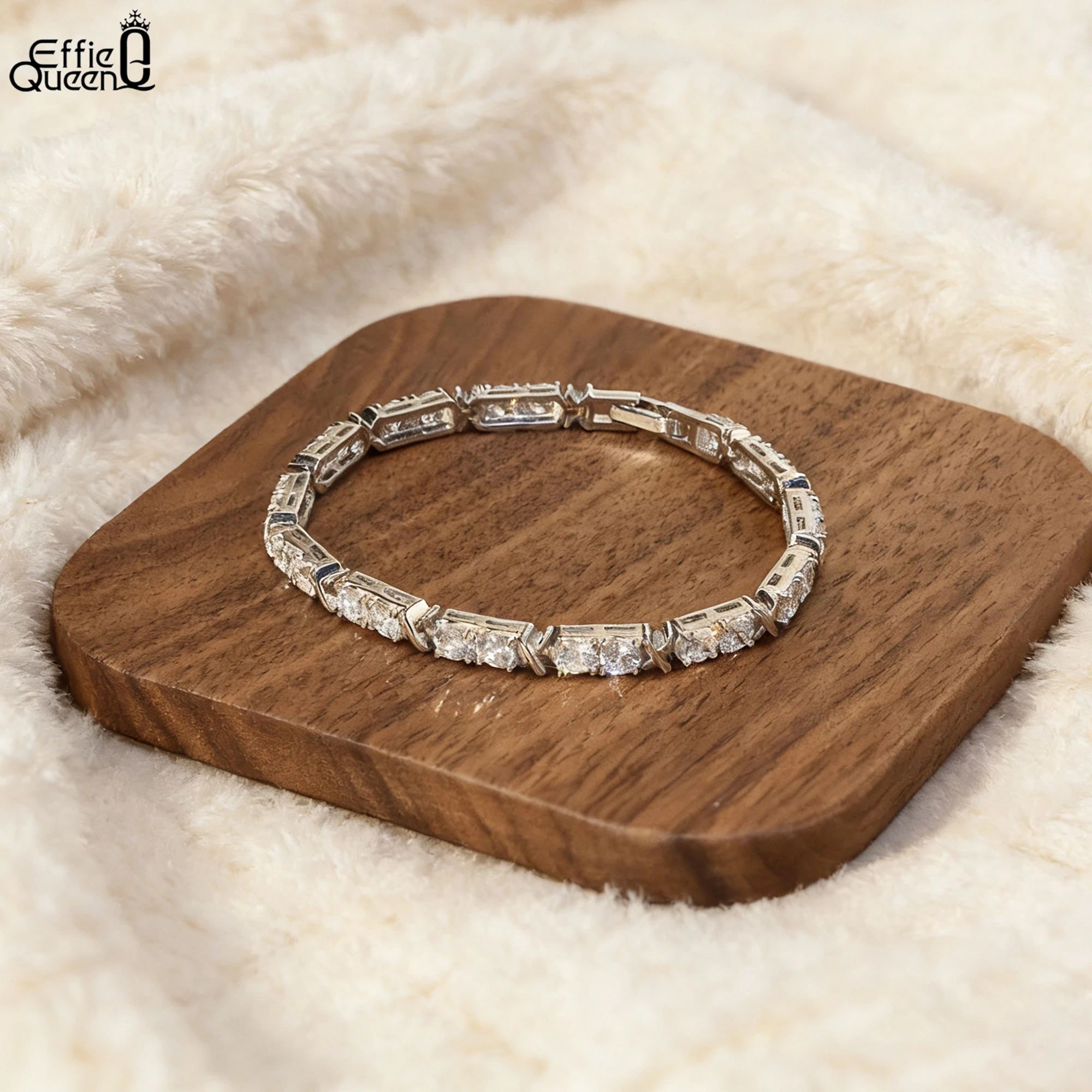 

EFFIE QUEEN 925 Sterling Silver Tennis Chain Bracelet, 5A Cubic Oval Zirconia Ornament Fork Joint Four Size Selection Gift SB205