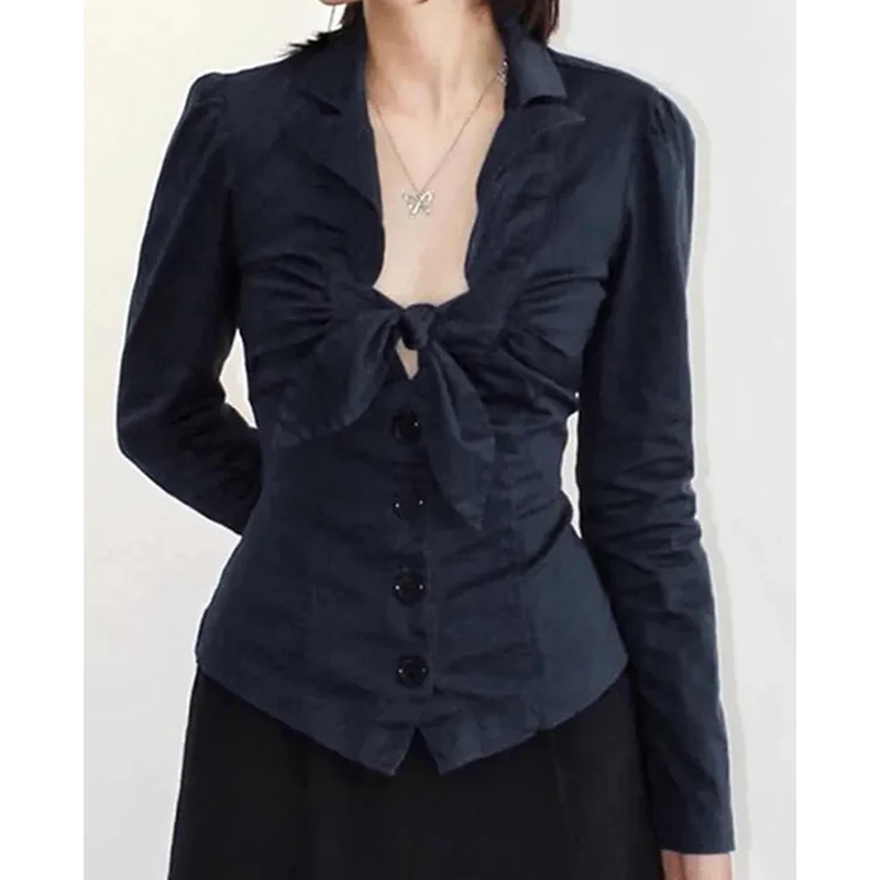 

Sexy Bow Tie Deep V Neck Blouse Women Korean Long Sleeve Elegant Slim Shirt Commuter Office Lady Solid Single Breasted Tops