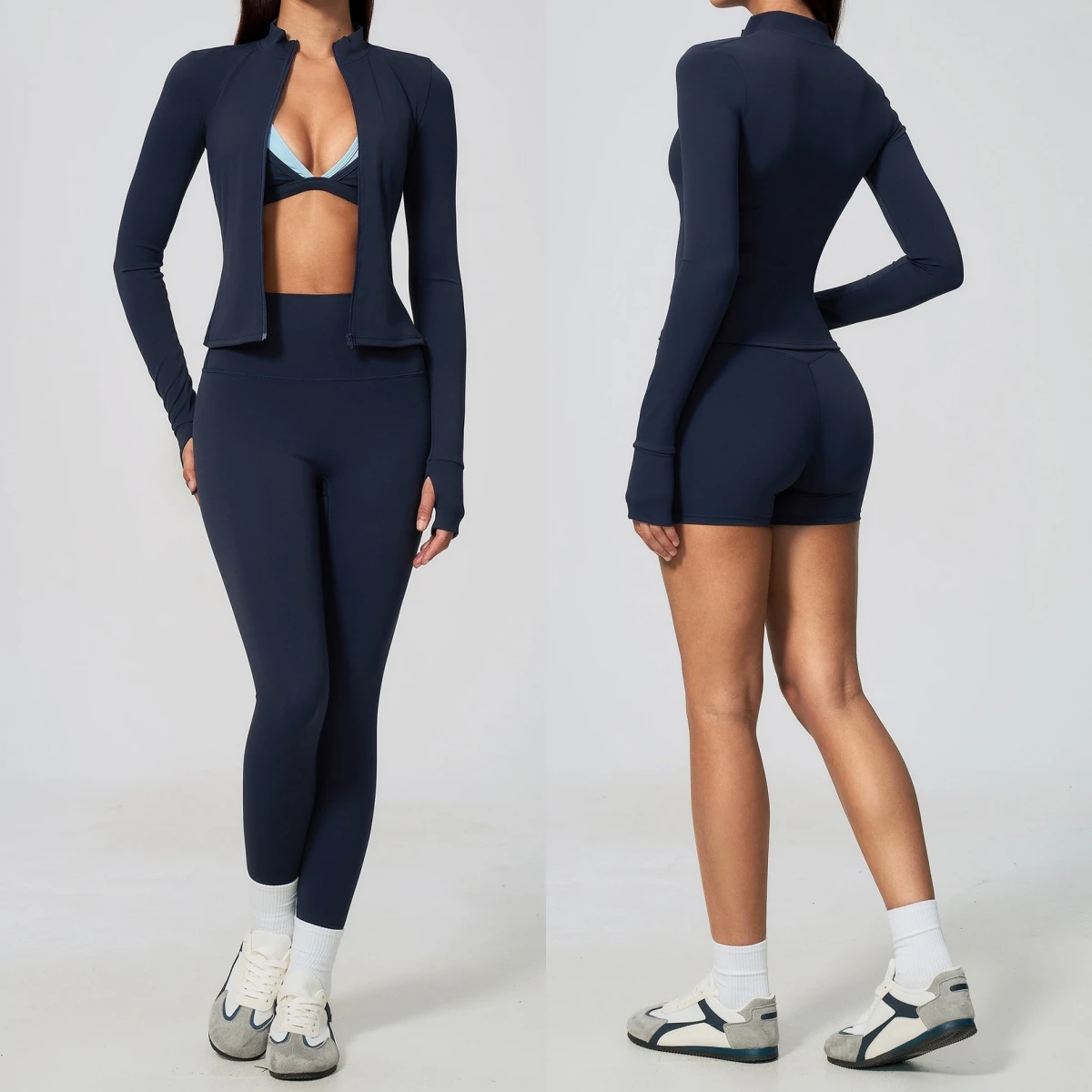 Women 3 Piece Yoga Set Full Zip Crop Jacket V Neck Sports Bra High Waist Leggings Shorts Stretch Fitness Gym Workout Activewear
