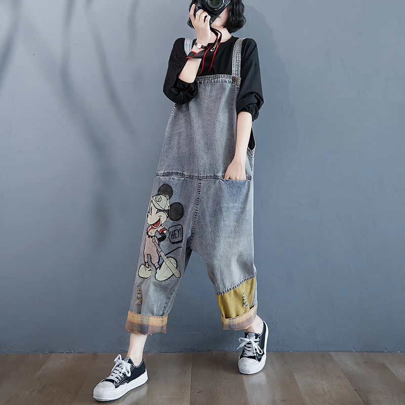 Fall 2024 New Cartoon Printed Denim Suspender Pants Female Loose Waisted One-Piece Harem Pants Oversized Jumpsuits for Women