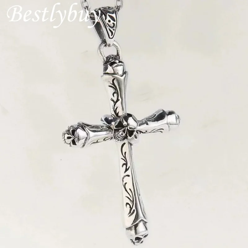 

NEW S925 Sterling Silver Vintage Fashion Baroque Dark Cross Skull Pendant Gift for Men and Women Free Shipping