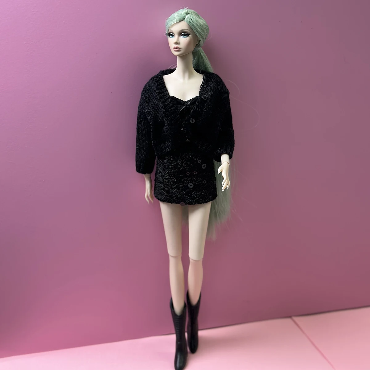 1/6 Doll Clothes Accessories Knitted Jumper Coat + Vest + Sequin Short Skirt + Boots For 30cm FR Babi Supermodel Doll Dress Up