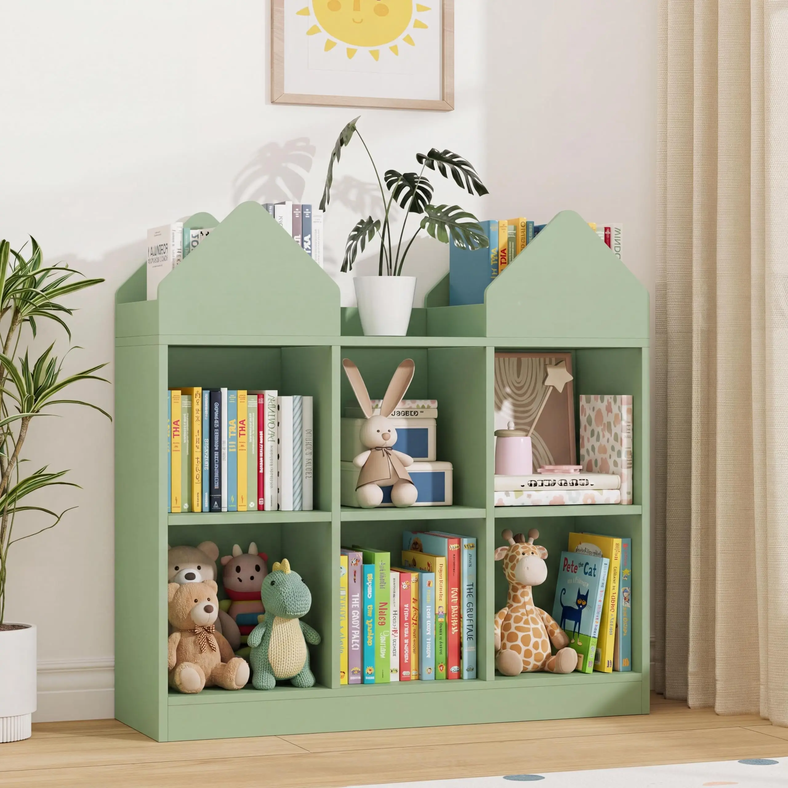 Kids Bookshelf And Toy Storage Organizer With 4 Book Racks 6 Open Cubbies Castle Design Toddler Bookshelf Toy Chest Toy Box For Playroom Nursery Daycare