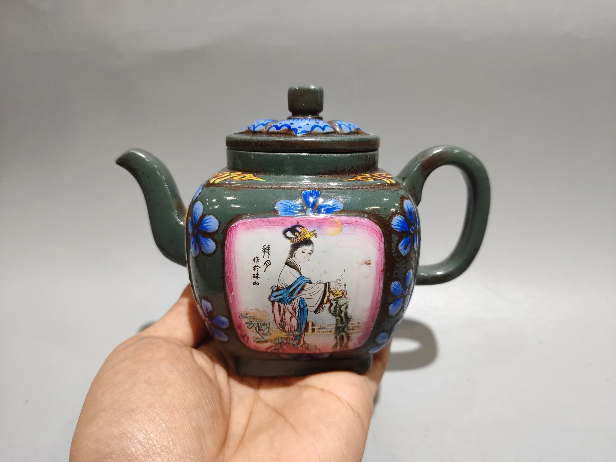 Old Chinese Handicraft Enameled YiXing Zisha (red stoneware) Teapot,Pastel,with mark, Free shipping
