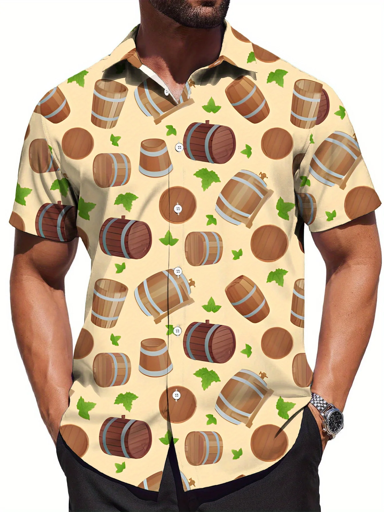 

Men's Button-Up Shirt - Beige & Brown Barrels All-Over Print - Lightweight Summer Shirt For Beach, Parties,