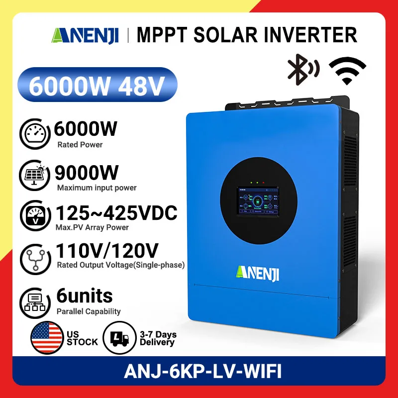 ANENJI 6KW 110V/120V solar inverter pure sine wave MPPT 48V hybrid solar inverter 100A MPPT off grid inverter can be parallel