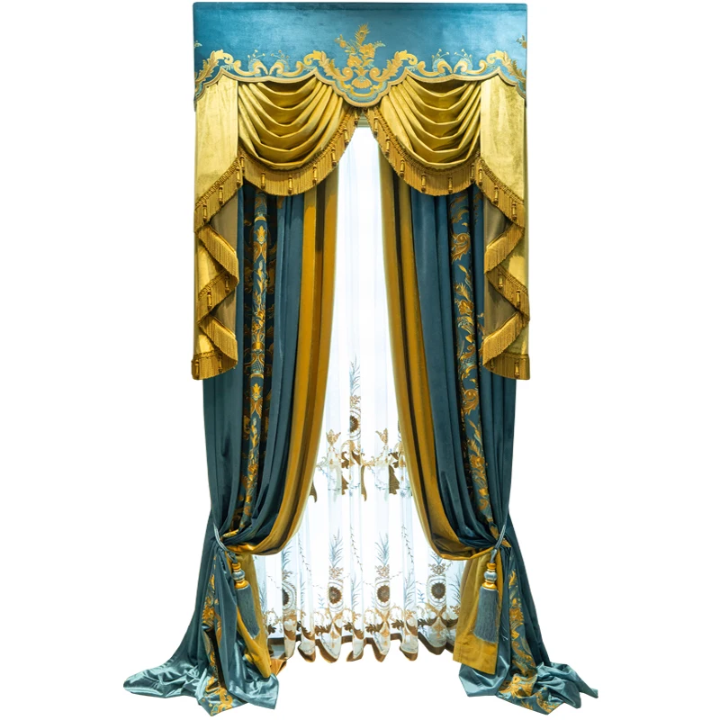 Custom curtain Chinese high-grade European classical blue embroidery yellow thick bedroom blackout curtain tulle valance M1522