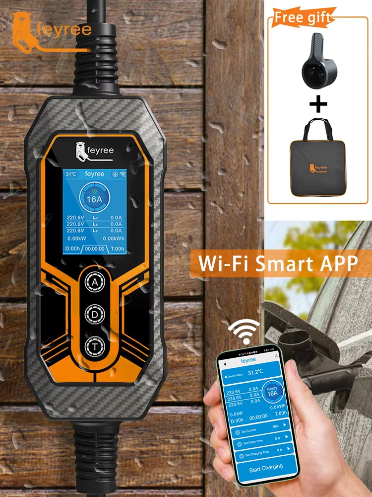 Feyree Typ 2 Tragbares EV-Ladegerät 11KW 16A 3-Phasen Wi-Fi APP Bluetooth Version EVSE Ladekabel 5m CEE-Stecker für Elektroautos