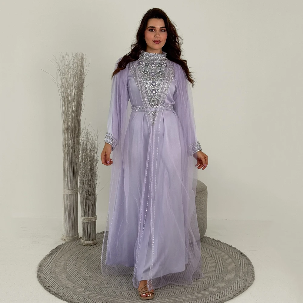 

Простое тюлевое женское вечернее платье с круглым вырезом по индивидуальному заказу, вечернее платье с длинными рукавами и кристаллами, платье трапециевидной формы до щиколотки для выпускного вечера