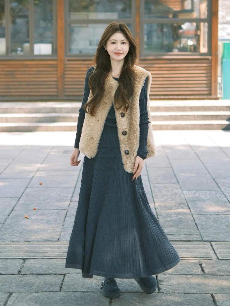 

2025 Winter New Arrival Furry Vest Knitted Sweater Skirt Three-Piece Set Casual Style High Waist Long Sleeve round Neck