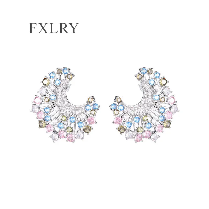 FXLRY Personality 925 Silver Needle encrusted Zircon Colored candy color C-shaped earrings For Women Fashion jewelry