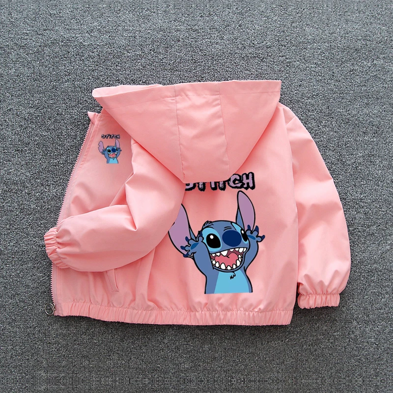 Disney Stitch Kids Girls Hooded Jacket 2024 Autumn Baby Boy Coat Cartoon Zipper Long Sleeve Casual Outerwear Children Clothing