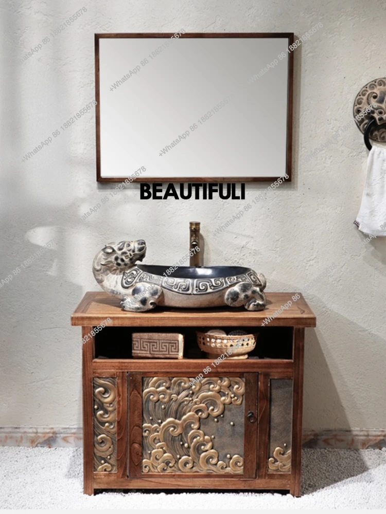 In Chinese Antique Bathroom Cabinet Combination Hotel Homestay Villa Table Basin Solid Wood Floor Cabinet Style Art Washbasin