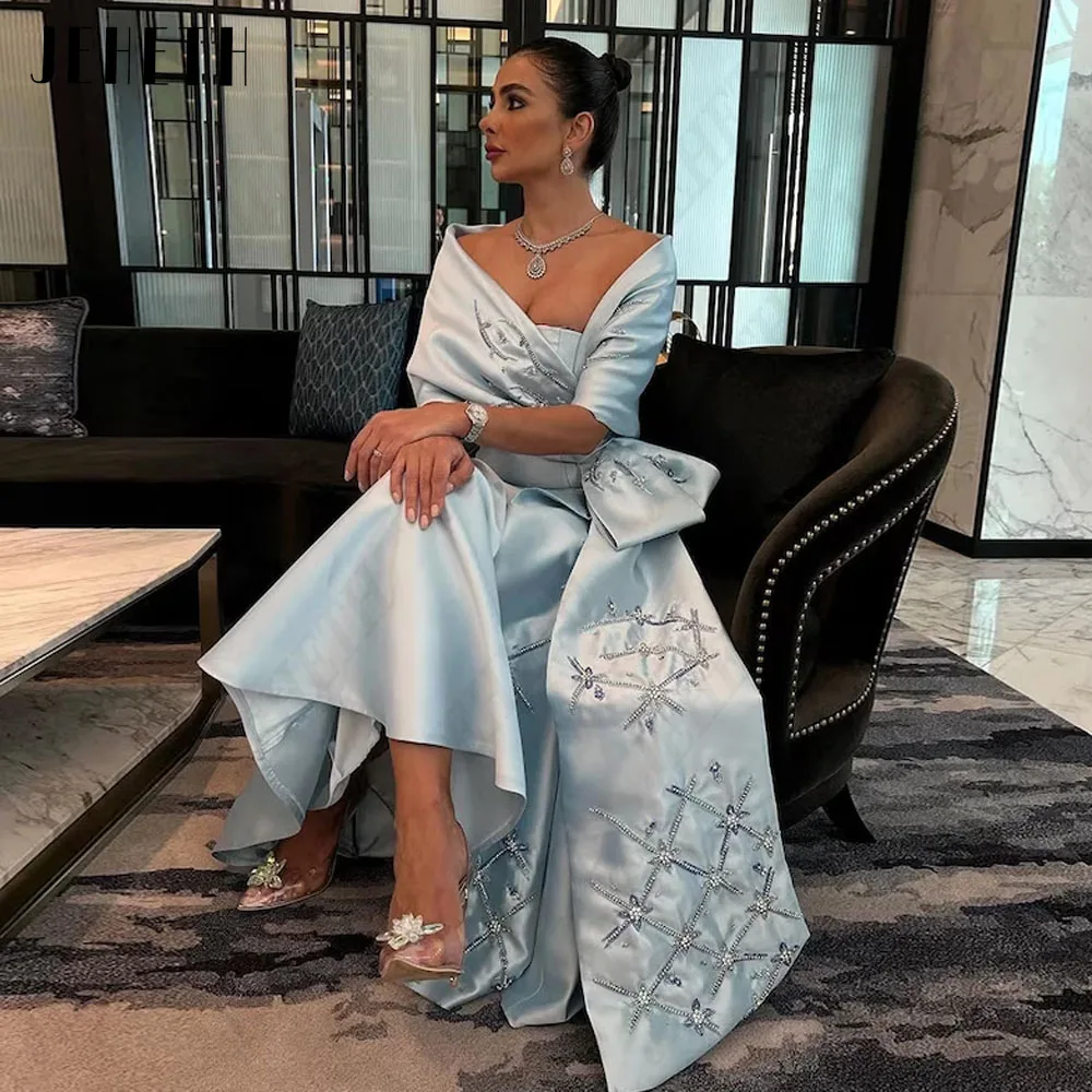 JEHETH Mermaid Satin Strapless Evening Dress For Woman Fashion Off Shoulder Sky Blue Prom Gowns Ankle Length Vestidos De Fiesta