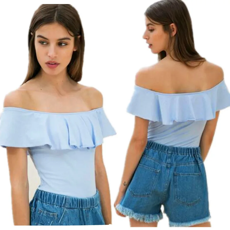 2024 women Slash Neck Top Off the Shoulder Tops Short Sleeve cotton T Shirt Female Elegant ruffles Top  -  blusas de mujer ropa