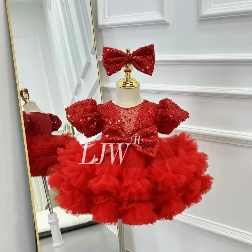 

0-12 Year Old Baby Dress elegant Glitter Bow tie Birthday Party Fluffy Evening Dress Puff sleeves Tulle Girl Princess Dress