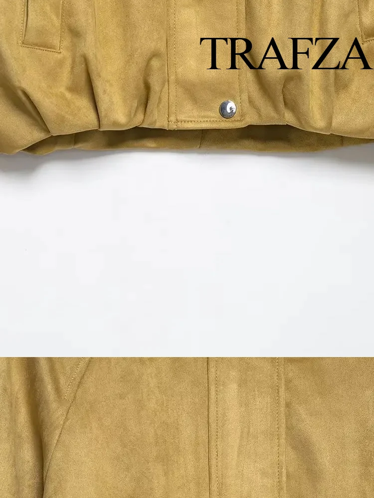 

TRAFZA Autumn Women Long Sleeves Short Jacket 2025 Woman Chic Turn-Down Collar Zipper Pocket Design High Street Coats Mujer