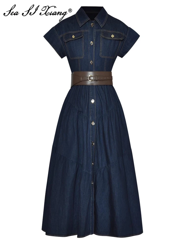 

Seasixiang Fashion Designer Early Autumn Blue Denim Dress Women Short Sleeve Single Breasted Pockets Sashes Office Lady Dresses