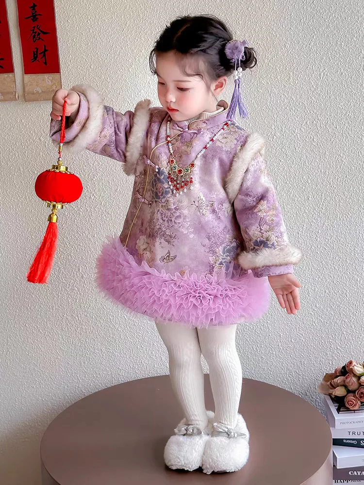 

01-Girls' New Chinese Style Fleece-Lined Thickened New Year Outfit for Winter2025New Style Baby Fashionable Tang Suit Dress