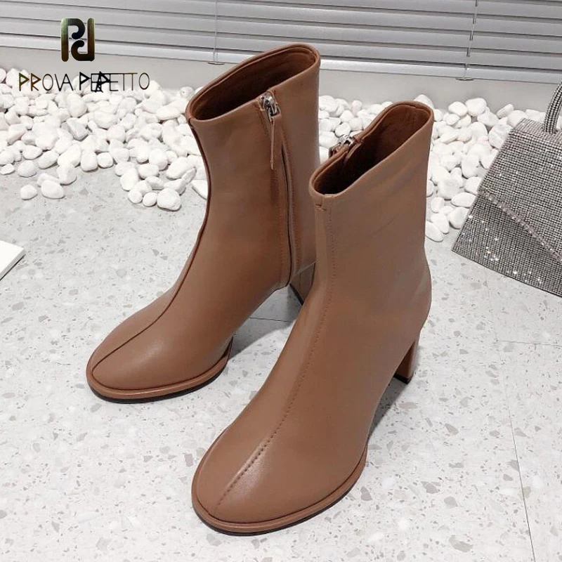 Autumn Winter High Heel Women Boots Beige Black Brown Leather Brand Name Consice Nude Bootie Side Zip Platform Dress Shoes