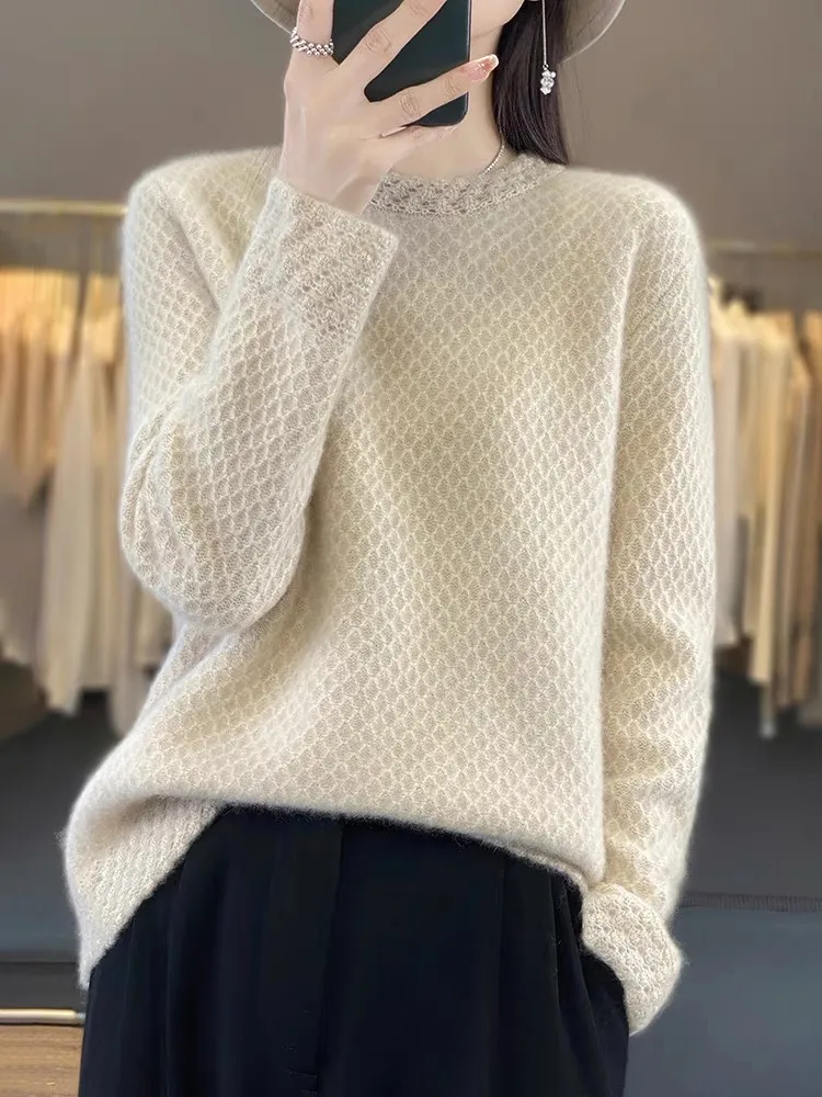 

Qingdao Brand Thiened Knitted Camere Sweater Women's High-end Hook Flower Loose Base Wool Sweater Korean Sle round Ne...