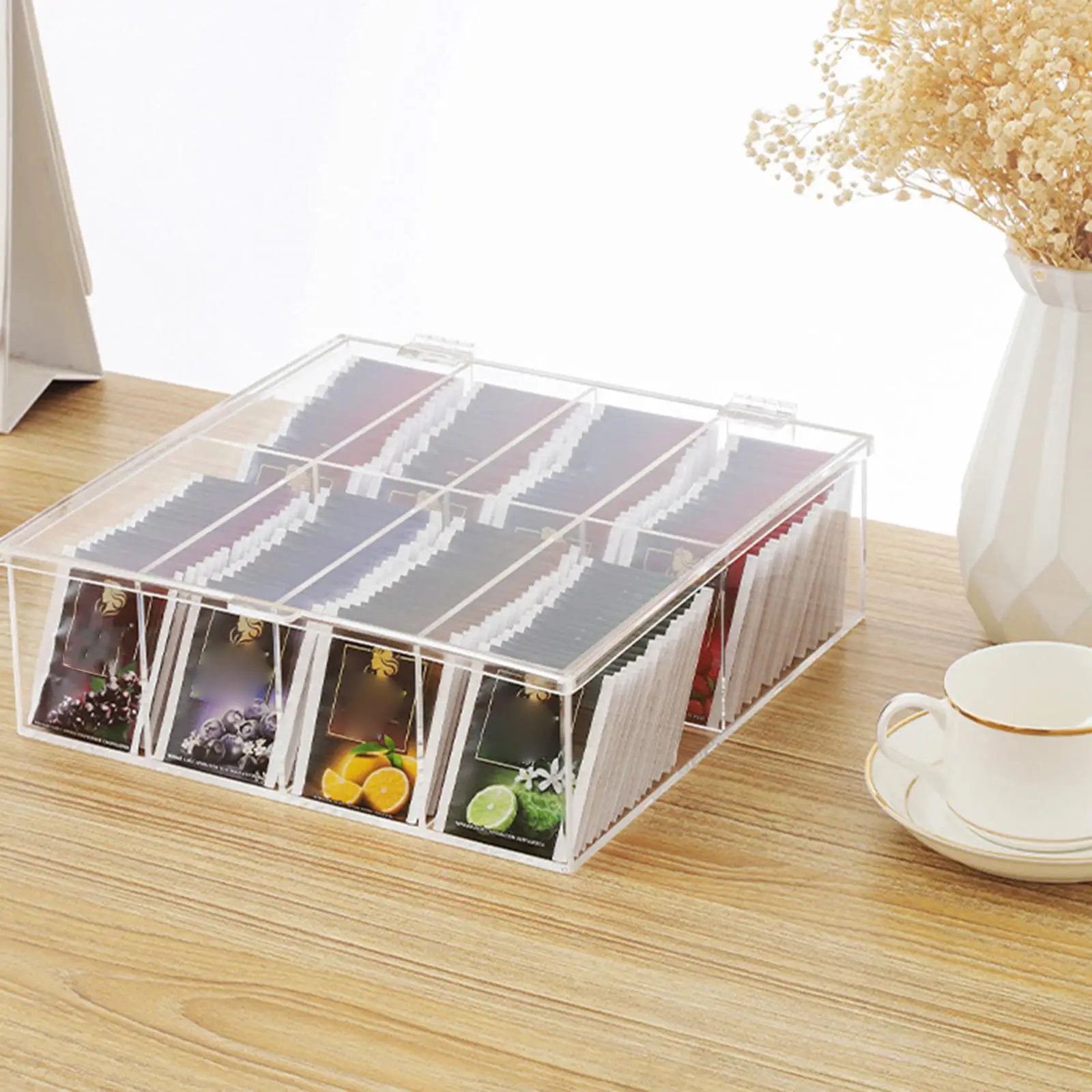 Tea Bag Organizer Hinge Lid Storage Bin Box for Kitchen Cabinets Countertops Drawer Counter Cabinet Sweeteners Holder with Lid