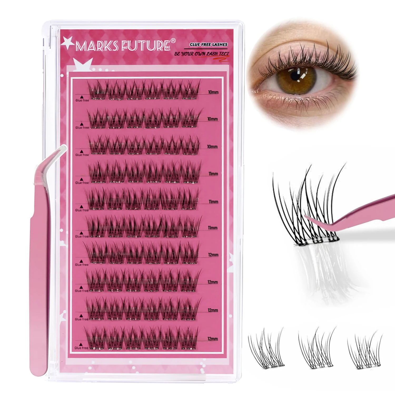 Cílios postiços autoadesivos, clusters de cílios de pressão, extensões de cílios finos, kit de extensão de cílios de cluster natural de 60 peças com pinça (10-12 mm, curvatura C) adequado para iniciantes, cílios postiços autoadesivos com aparência natural