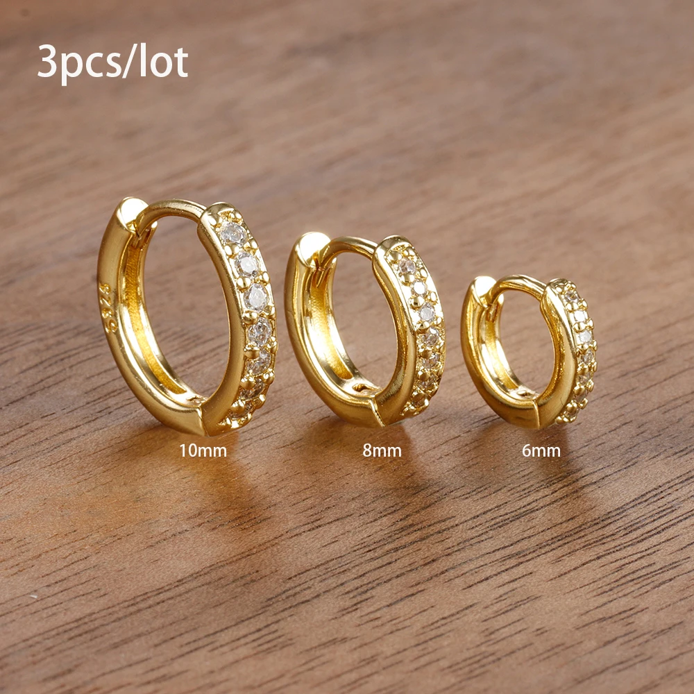 3pc Set Simple Stainless Steel Crystal Small Hoop Earrings