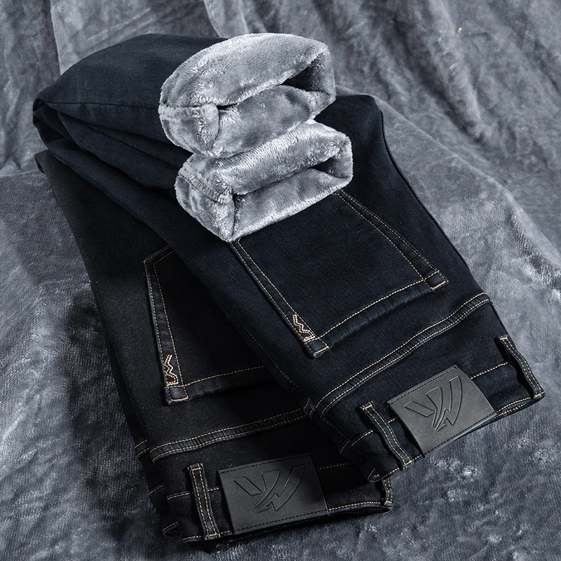 Fashion Blue Black Flannel Brushed Jeans for Men Stretch Casual Straight Slim Comfortable Brand Male Fleece Denim Trousers