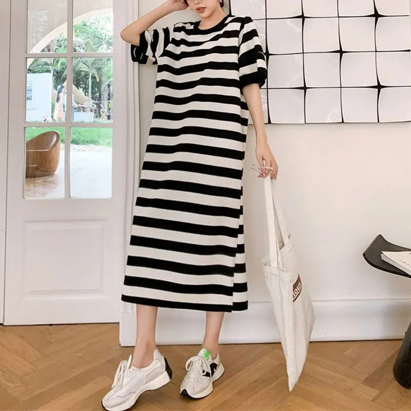 Female Clothing Korean Striped Midi Dress Casual Short Sleeve Summer Loose Round Neck Contrasting Colors Basic Straight Dresses