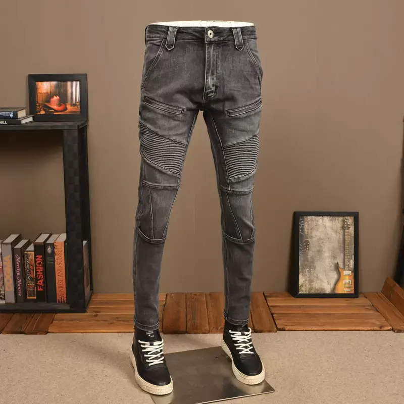 Jean Déchiré de Style Rétro Noir et Gris pour Homme, Pantalon de Motard en Denim, Hip Hop, à la Mode