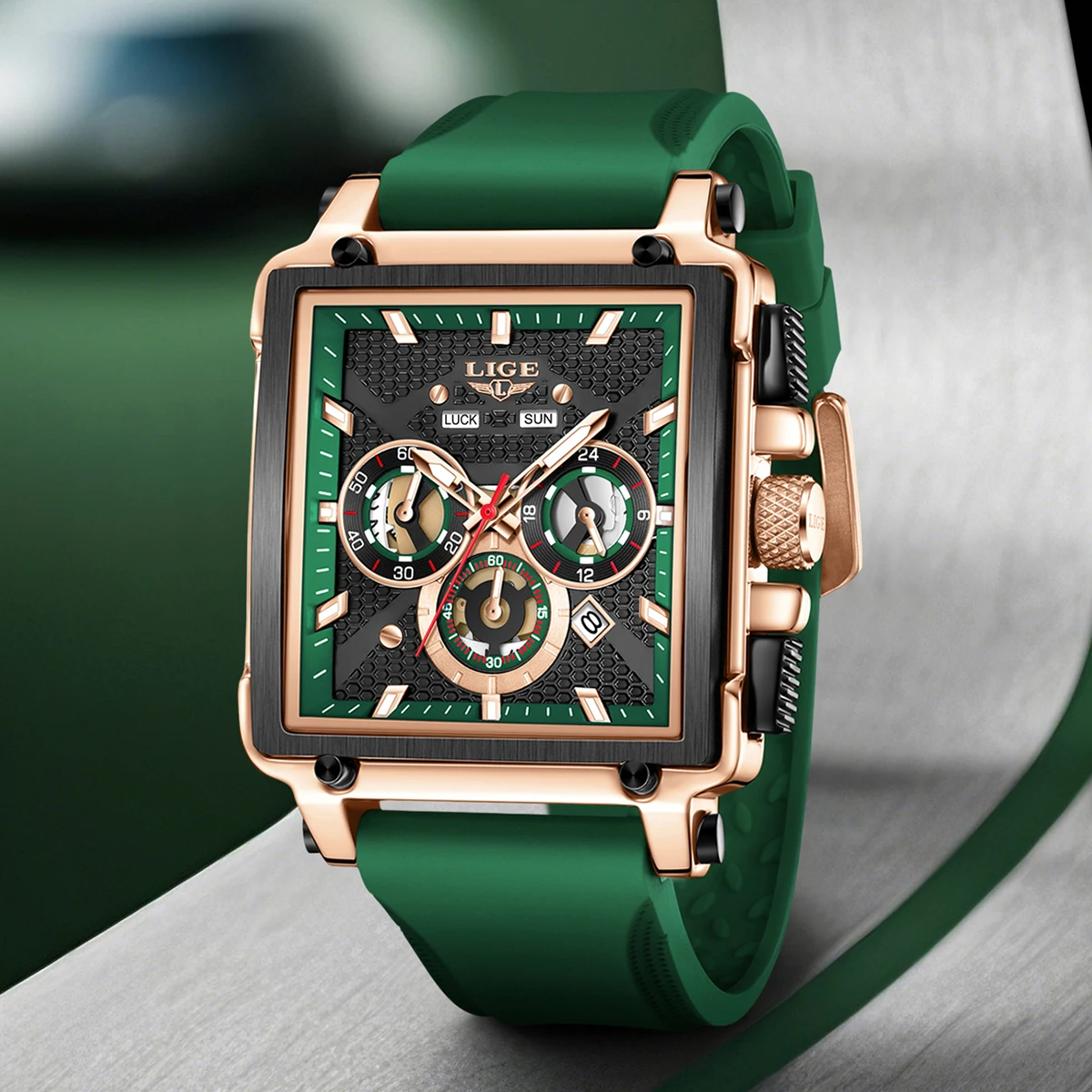 LIGE Fashion Sports Men Watches Large Dial Unique Rectangular Hollow Design Quartz Wristwatches Men Chrongraph Auto Date Watch