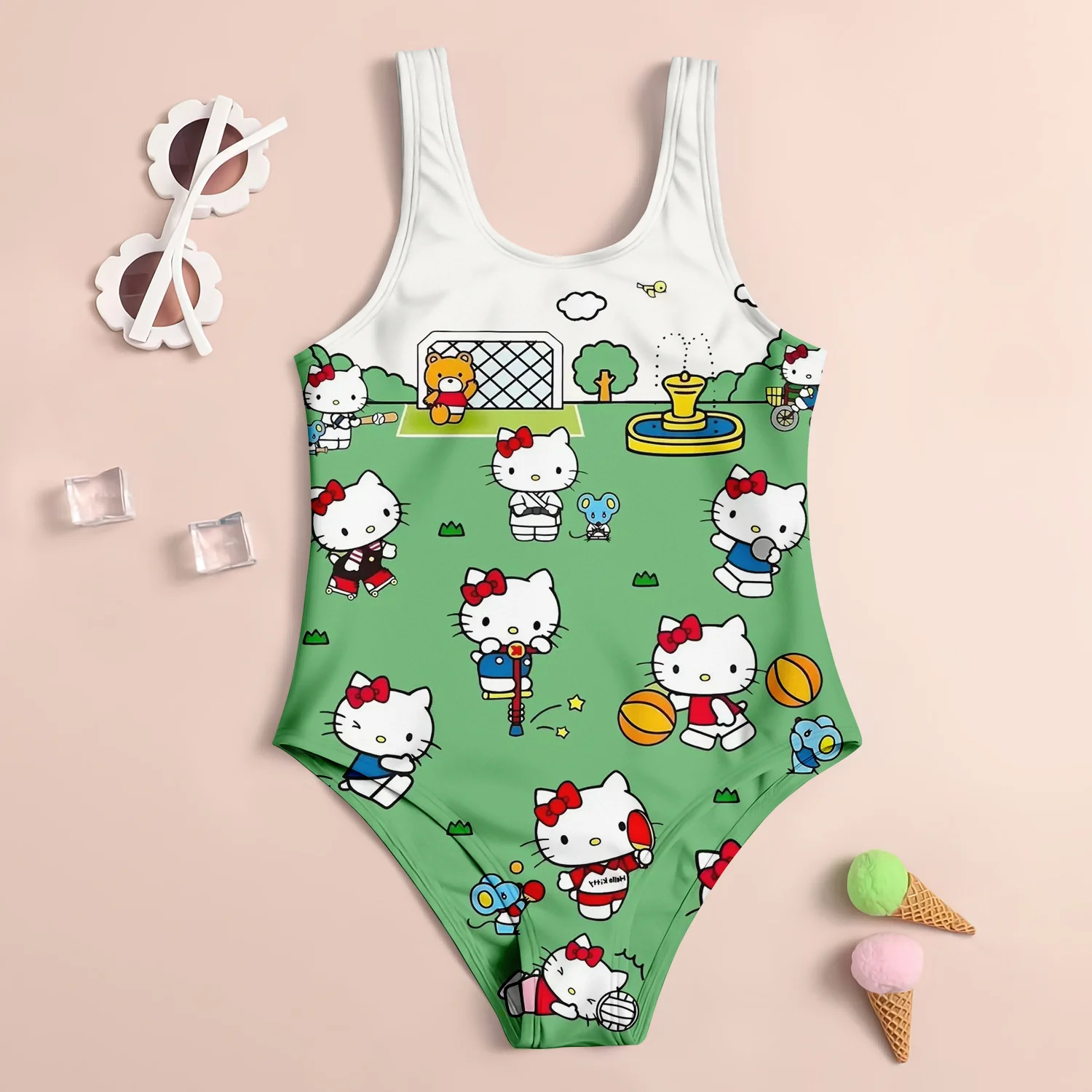 New MINISO Girl Summer One-Piece Swimsuit Fashion Cartoon Cute Hellokitty Print Women Swimwear Sleeveless Swim 2024 Clothing