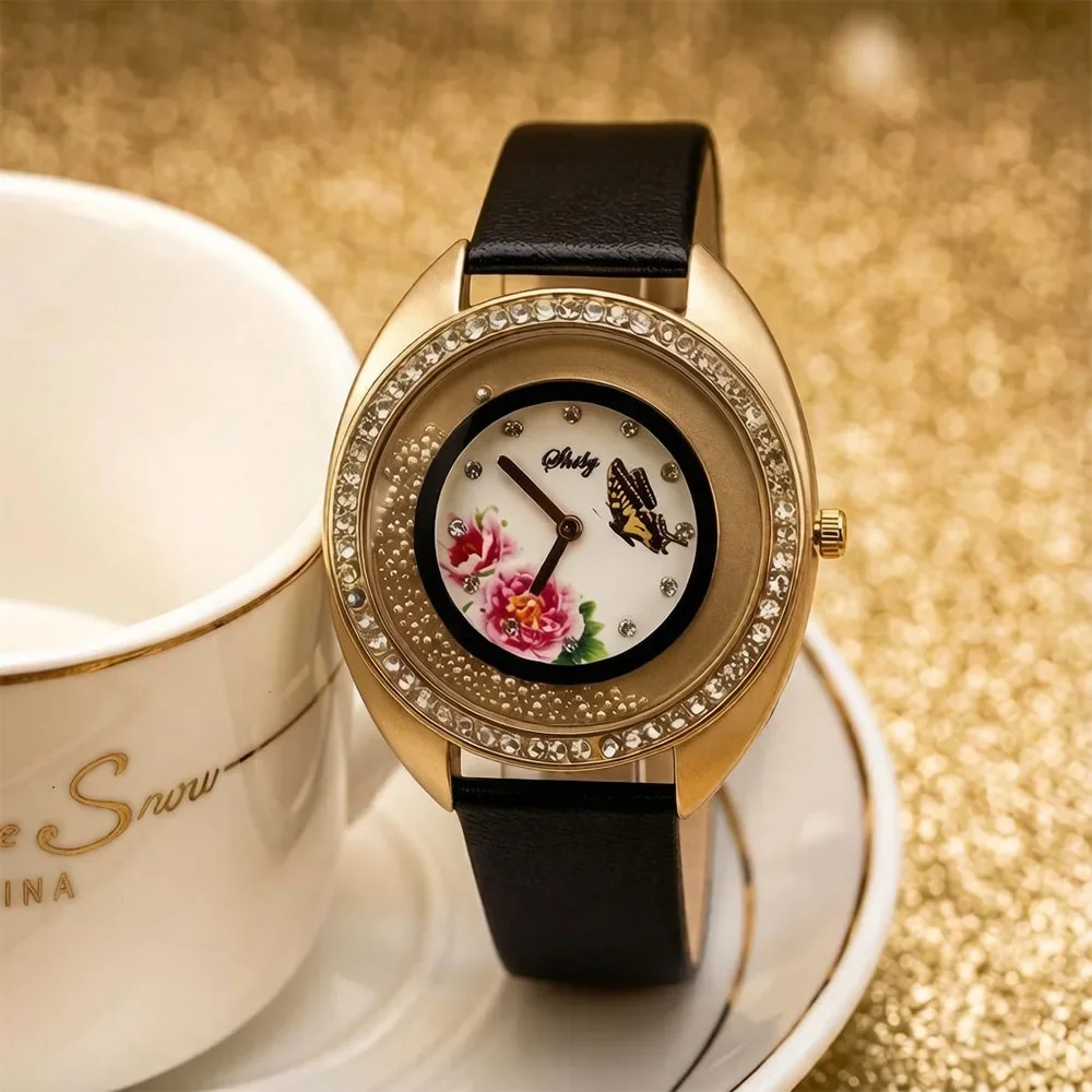 Shsby Gold Leather Quartz Wristwatch for Women Fashion Rhinestone Rolling Beads Flower Butterfly Design Female Dress Watch