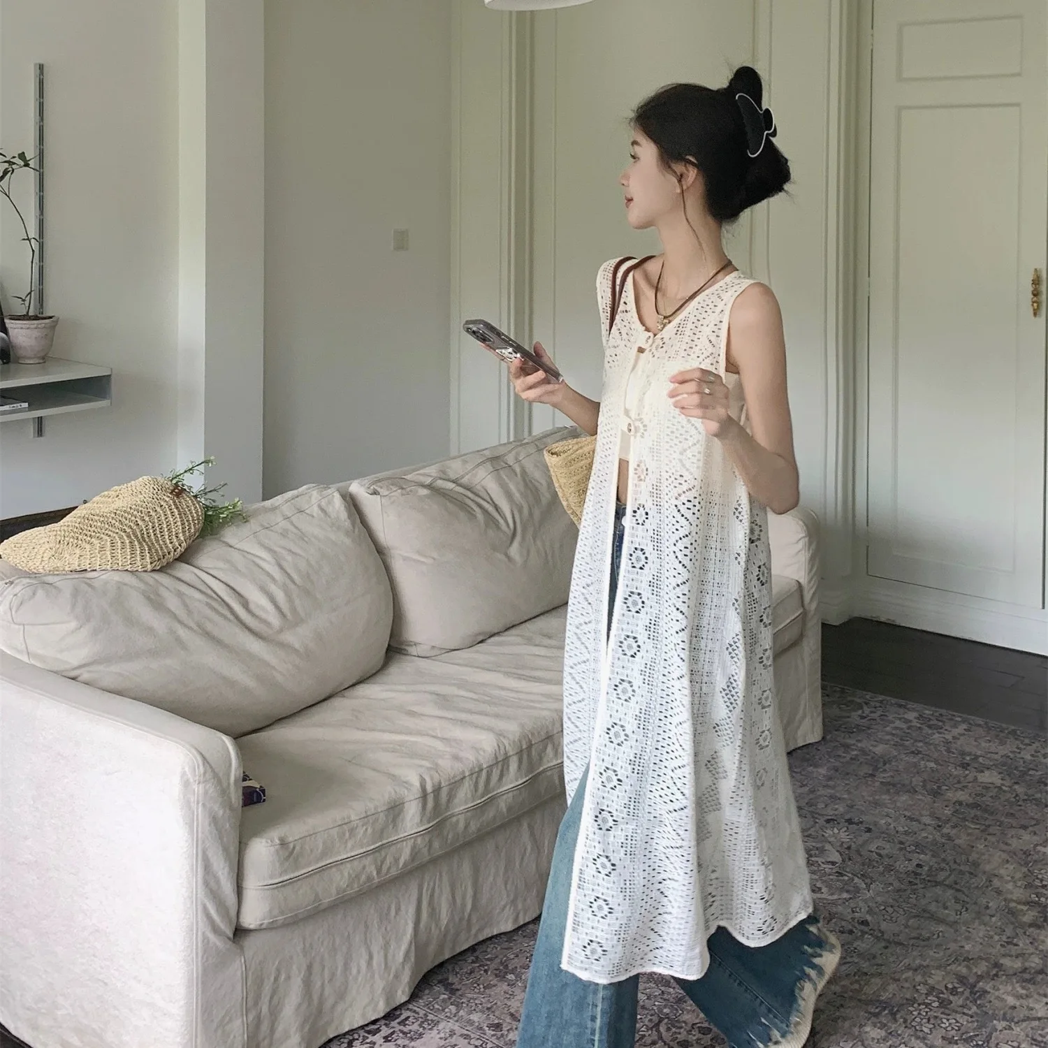 Robe débardeur en dentelle Beige pour femmes, deux côtés, boutons sur le devant, sans manches, style Boho, ajourée, transparente, Sexy, mi-longue, été