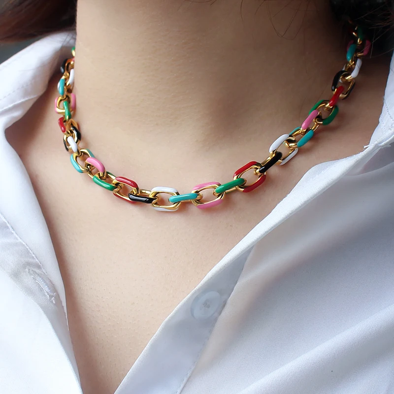 Fashion Enamel Necklace Bracelet Set 316L Satinless steel Chromatic Colour Necklaces Female Chain Choke Jewelry Gift Collar 2024