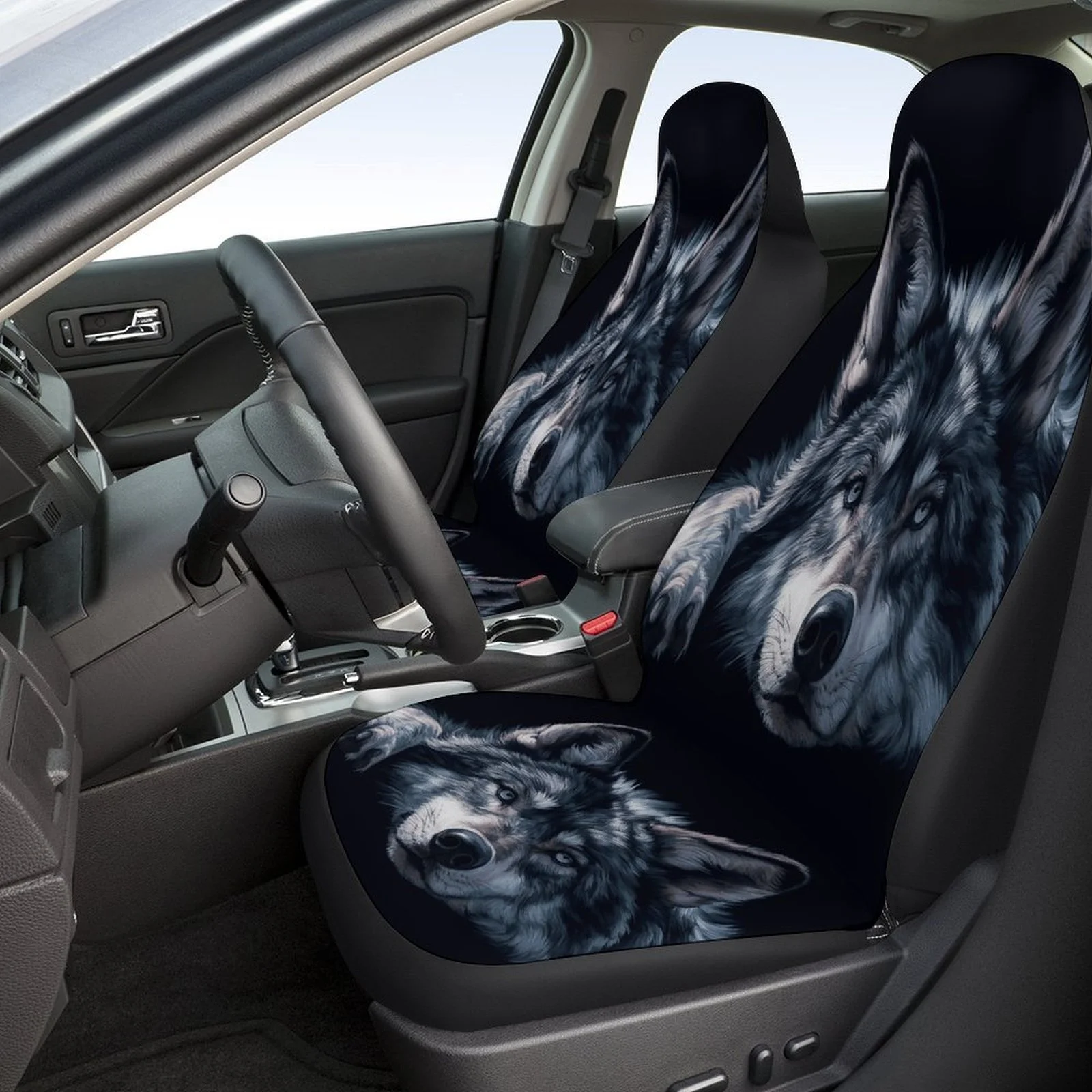 Wolf Portrait Designed Car Seat Cover Set For Most Cars, Trendy Novelty High-quality Car Seat Protector Covers Full Set, Univers
