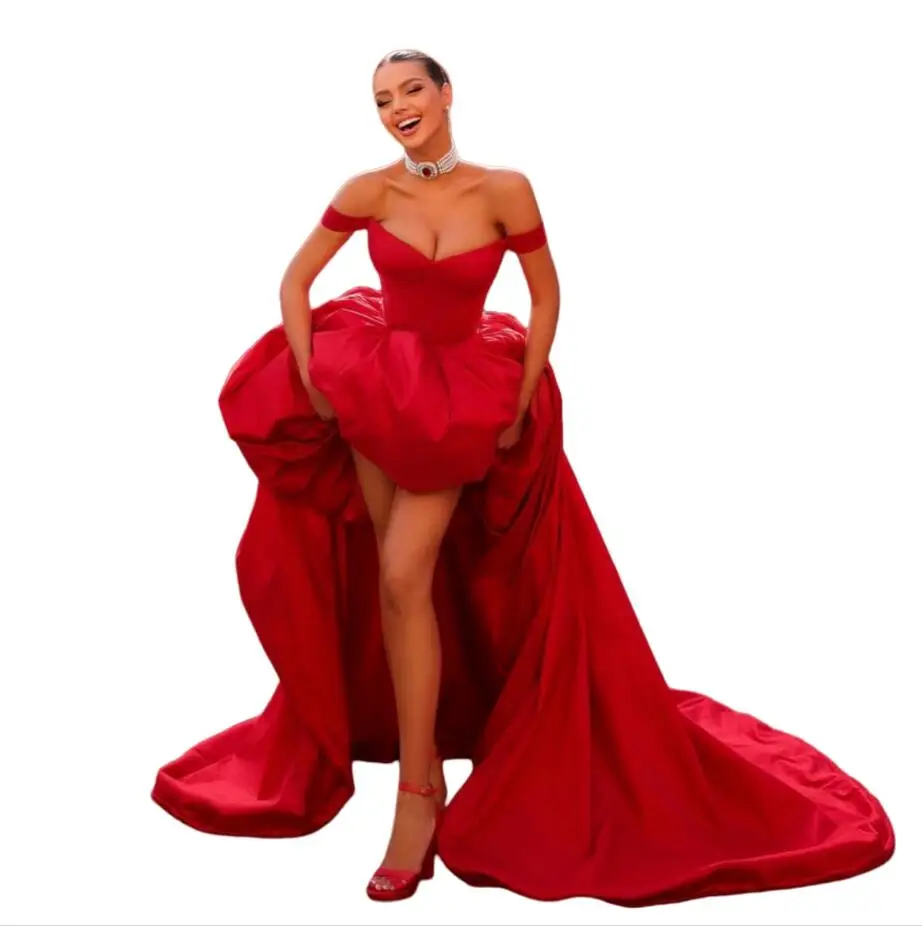 

Red Vestidos De Noche Satin Prom Dresses Elegant Puffy Evening Gown Off the Shoulder Customized Party Robes
