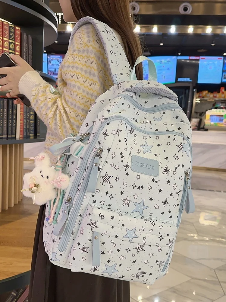 

College Style Large Capacity Backpack Women's Star Pattern Dual Shoulder Bag School Bag Casual Simple Style Zipper Closure Ca...
