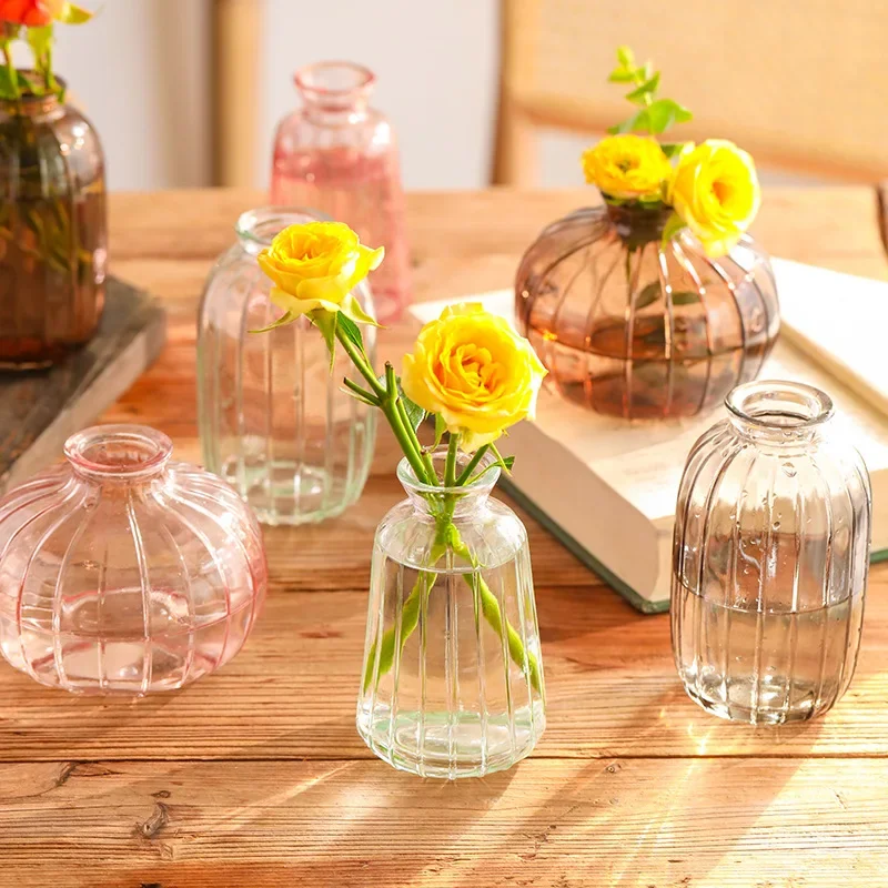 Wholesale Japanese Transparent Glass Mini Flower Vases Pumpkin Colored Hydroponic Water Culture Living Room Decoration Ornaments