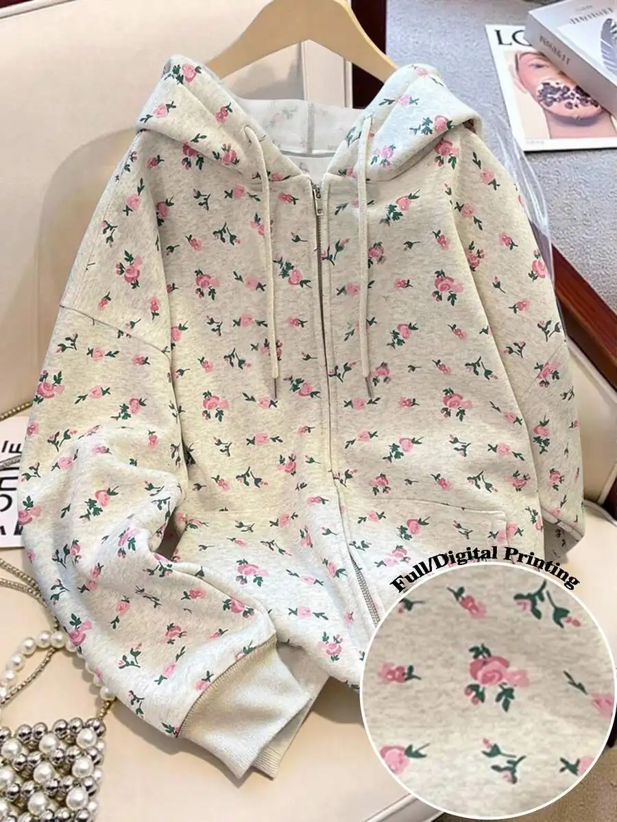 

Женская толстовка оверсайз с цветочным принтом, на молнии, с капюшоном на шнурке